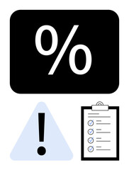 Large percentage sign, warning exclamation triangle, and detailed checklist with checkmarks. Ideal for risk management, evaluation, task priority, financial forecasting, strategy, alerts