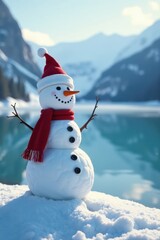 Obraz premium Snowman standing near frozen lake, snowman decorations, frosty landscape