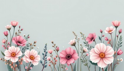 Delicate Pink and White Flowers Blossom Spring Floral Design Pastel Background Botanical Illustration