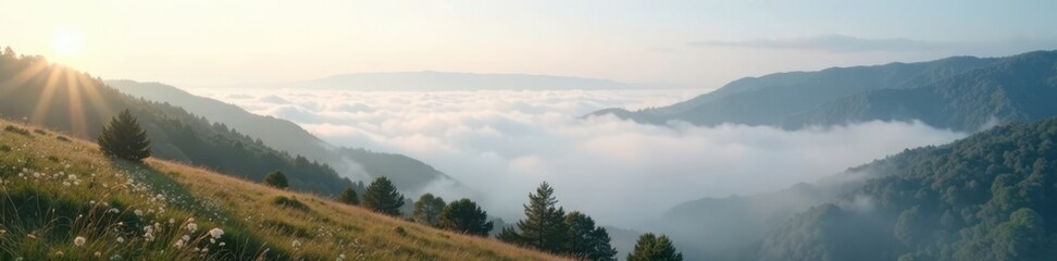 Fototapeta premium Soft white fog slowly descends upon a serene landscape, landscape, mist
