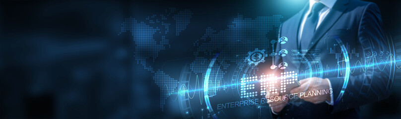 ERP. Businessman using tablet on global network connection on ERP and data management with real-time data and development of business processes. Technology and integration efficiency.