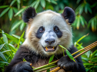 Obraz premium Cute panda eating bamboo forest. The bear is black and white.