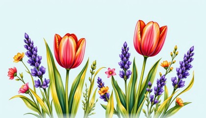 Fototapeta premium Vibrant Spring Tulips and Lavender Floral Arrangement Watercolor Painting Botanical Illustration