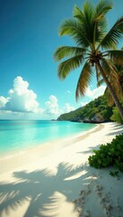 Fototapeta premium Vintage toned photo of a tropical ocean beach with sand and palm trees surrounded by crystal clear waters, trees, beach