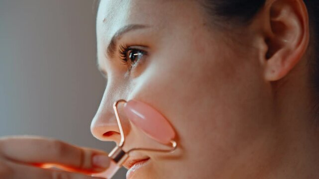 Girl massaging face roller caring of smooth glowing skin closeup. Woman massage 