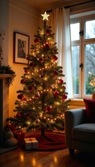 Warmly lit Christmas tree in living room with ornaments and garlands, living room, Christmas decor
