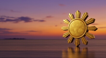 Golden Sun Symbol at Sunset: Philippines National Emblem on Calm Waters