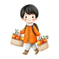 Smiling Boy with Baskets of Apples Autumn Harvest Watercolor Illustration