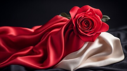 Serene composition of a velvety red rose amidst satin fabrics elegance