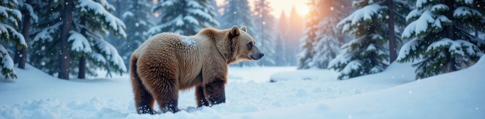 Obraz premium Arctic Brown Bear standing alone in snowy forest, snow, wildlife