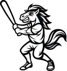 Modern and stylish muscular horse character swinging a baseball bat isolated silhouette vector art, muscular horse character swinging a baseball bat line art vector design