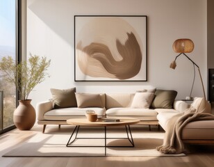 Cozy modern space with neutral tones and a single statement artwork
