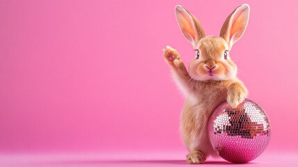 Cute bunny with disco ball on pink background - adorable animal theme. Easter, Pascha, Paskha, Ostern, Pascua, Paques - Orthodox and Catholic Holiday celebration