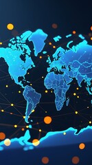 Fototapeta premium Digital world map with glowing data points and connected lines, representing global communication, technology networks, and futuristic data transfer across continents