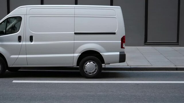 White delivery van slowly parking near modern gray walled building, representing efficient urban logistics, transportation, and ecommerce service in commercial setting