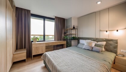 Compact studio bedroom featuring Murphy bed and multifunctional furniture