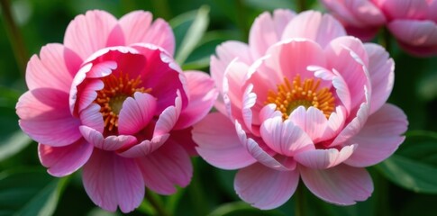 Obraz premium Close-up of delicate peony blooms surrounded by leafy greens and stems, plant, leaves