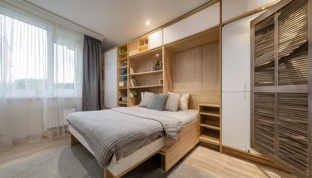 Compact studio bedroom featuring Murphy bed and multifunctional furniture