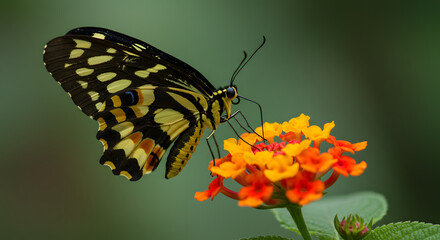 Obraz premium Yellow Swallowtail butterfly resting on orange garden flowers, its patterned wings spread wide showing beautiful markings.