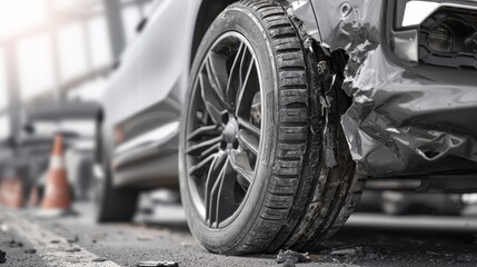 Fototapeta premium Close-up view of a severely damaged bumper, tire, and wheel after a high-impact collision - rim close-up scene bumper shredded