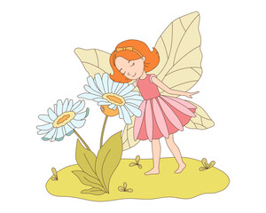 Cute little fairy and flowers isolated on white background. Vector illustration