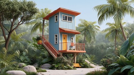 Charming Coastal Treehouse Surrounded by Lush Tropical Foliage and Vibrant Sunlit Scenery