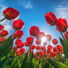 Obraz premium red tulip flowers blossom in garden