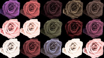Roses in red, brown, shade on black background - interesting background