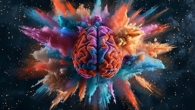 A vibrant, colorful brain amidst an abstract explosion of creativity.