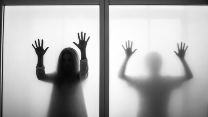 A woman and a shadowy male figure press their hands against fogged glass, creating a haunting and mysterious visual in monochrome.