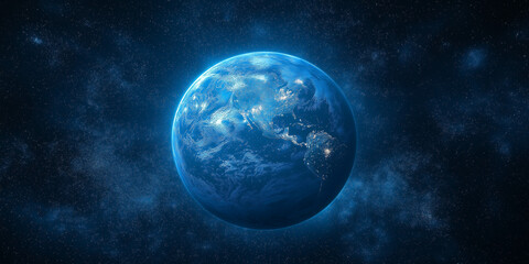 Obraz premium High-resolution digital rendering of planet earth from space, showcasing night lights and detailed topography against a starry background