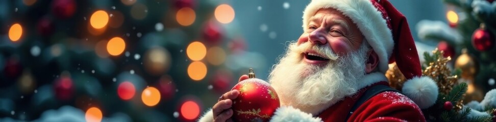 Obraz premium Jolly Santa beaming with joy, surrounded by radiant Christmas ball, holidays, cheerful, jolly