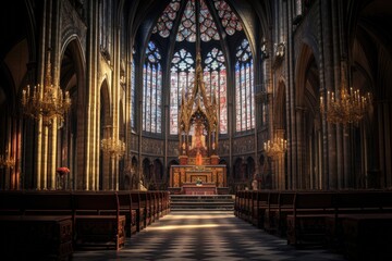Fototapeta premium Gothic cathedral interior with stunning stained glass windows and intricate stone carvings, showcasing sacred art and a serene ambiance during the golden hour of sunset