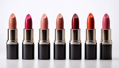 Fototapeta premium Different color shade of lipstick, white background