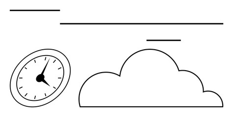 Minimalist design featuring a clock and cloud connected by clean lines, representing efficiency and streamlined processes. Ideal for technology, productivity, time management, networking, innovation