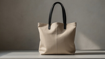 Beige Canvas Tote Bag with Black Handles A Minimalist and Modern Style Photograph of a Light Beige