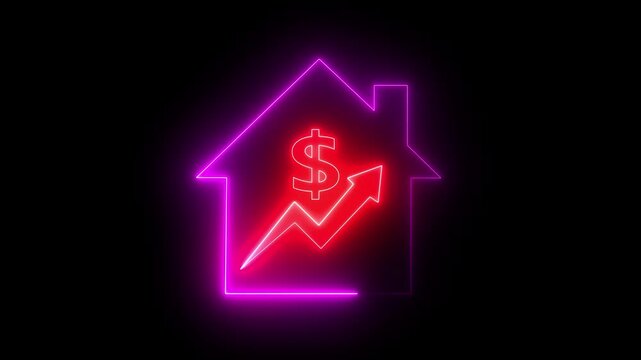 Housing Market icon, Property Development concept for construction, Investment, business development icon .Dollar sign with many doors in neon light and a bar graph on a black background.