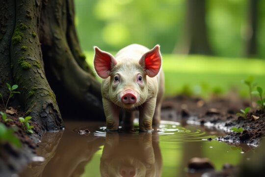 Pig in mud puddle near a tree , farm, mud