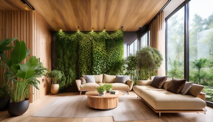 Biophilic family room featuring indoor vertical garden and natural wood accents