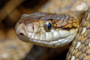Fototapeta premium A close-up of a Texas rat snake Elaphe obsoleta lindheimeri resting on the ground during a sunny afternoon in its natural habitat, showcasing its unique coloration and patterns