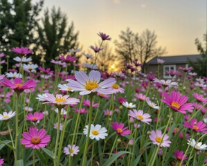 Obraz premium A vibrant field of colorful flowers under a sunset sky, creating a serene and picturesque landscape.