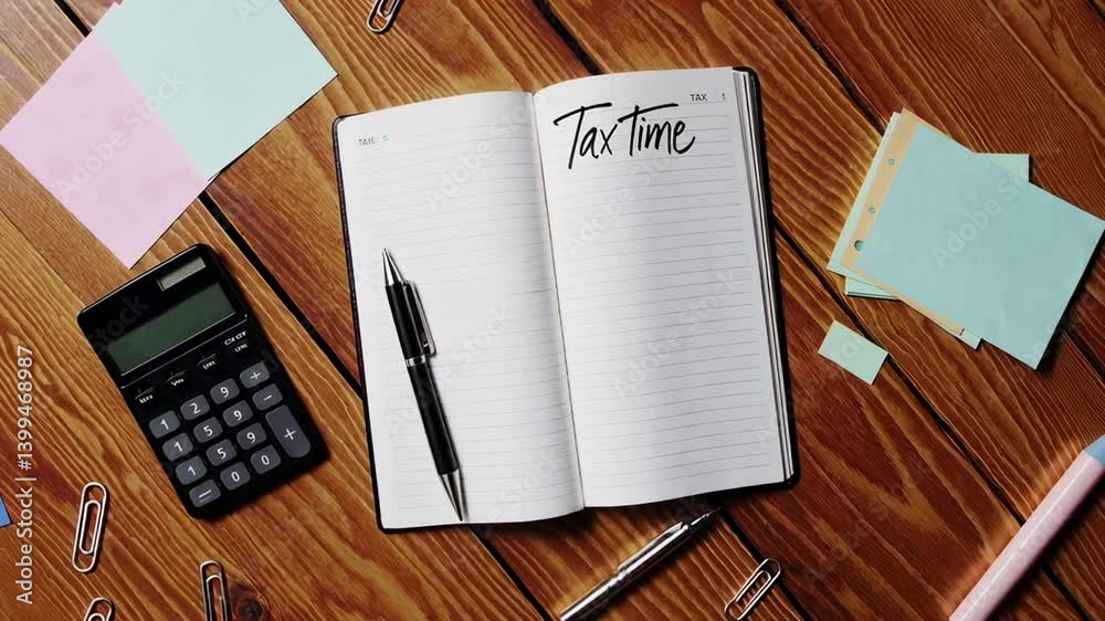 Poster notebook with tax time written on it lies open on wooden desk next to calculator, pen, paper clips, 