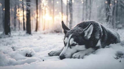 Naklejka premium A Husky rests peacefully in a snowy woodland, the soft light illuminating its fur - woodland muzzle nature dog brown