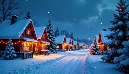 Fototapeta premium Snowy winter village with Christmas decorations and festive lights, holiday atmosphere, snowy winter village
