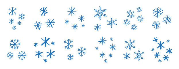 chalk pencil drawing blue snowflakes set. Snowflake doodle hand drawn cute style elements. Winter or Christmas concept.