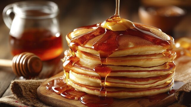 A towering stack of freshly baked pancakes drenched in maple syrup - homemade pouring pats