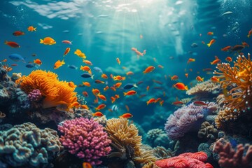 Obraz premium Underwater view of a vibrant tropical coral reef bustling with colorful fish during a sunny day in a marine paradise