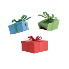 Three gift boxes in various colors, suspended in air, with ribbons
