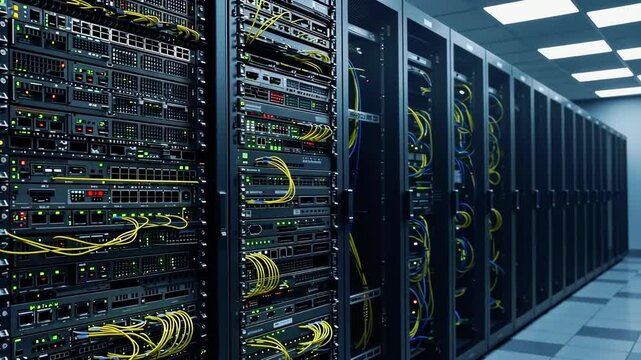 A modern data center showcasing rows of servers with colorful cables, highlighting advanced technology