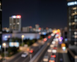 A blurred night cityscape showcasing colorful lights, traffic, and tall buildings, creating an atmospheric urban vibe.
